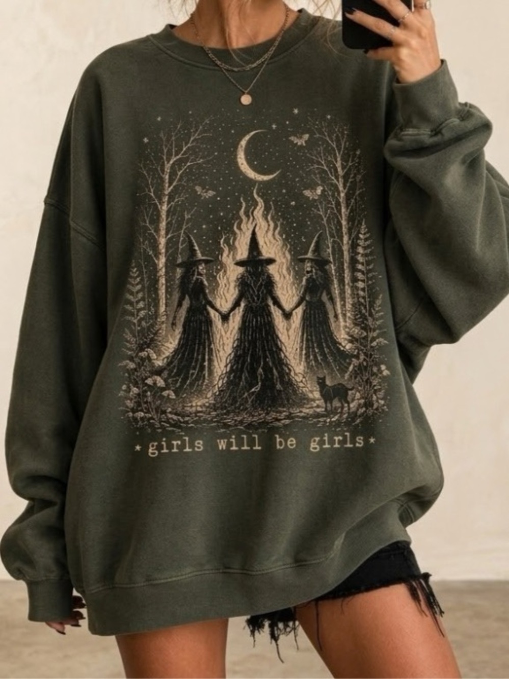 Girls Will Be Girls Witch Coven Vintage Halloween Graphic Sweatshirt